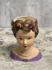 Vtg Lady Head Bust Face Purple Dress Faux Pearl Earrings Necklace Planter Vase