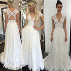 Boho Lace Long Wedding Dresses A Line V Neck Cap Sleeves Beach Bridal Gown