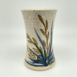 Vintage Art Pottery Vase Signed 85’ Schafer Large Pot Hand Painted Wheat 5.5”