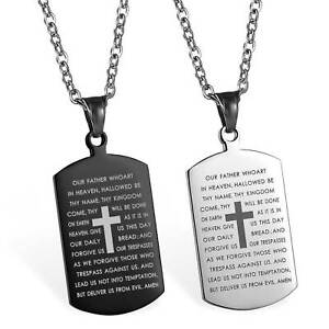 Men Women Cross Lords Prayer Dog Tag Pendant Necklace Stainless Steel