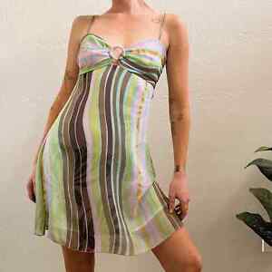 Vintage Y2K Charlotte Russe Abstract Palm Stripe Babydoll Slip Dress
