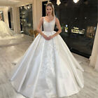 White Satin Ball Wedding Dresses V-Neck Sleeveless Beading Sequin Bridal Gowns
