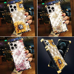 For iPhone 15 Pro Max 14 13 12 11 X Golden Plated Soft Flower Square Case Cover