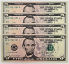 New Uncirculated Five Dollar Bills  Series 2021  $5 Sequential Notes Lot of 4