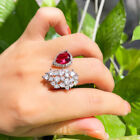 Adjustable Silver Plated Red Cubic Zirconia Drop Open Ring for Brides Engagement