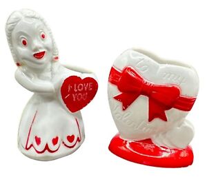 VTG Rosbro Valentine Day Girl Heart Candy Containers Holders Red White Plastic
