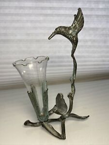 Vintage Metal Sculptural Hummingbird And Frog  With Glass Tulip Vase Insert