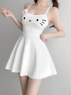 White Hello Kitty Dress Cat Face Embroidery Cute Spaghetti Strap Mini Dress Bow