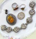 Antique VTG Sterling Jewelry Lot~Book Link Bracelet~Amber Brooch Rings~Earrings