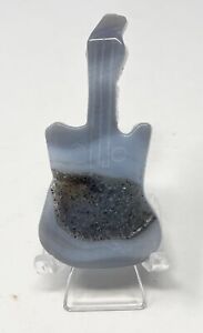 3.5” Gray Agate Guitar w/ Gray Amethyst Druzy Crystal Carving With Stand  58g
