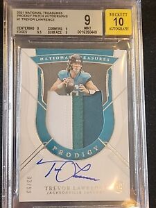 TREVOR LAWRENCE 2021 NATIONAL TREASURES PRODIGY 3 COLOR PATCH AUTO RC /99 BGS 9