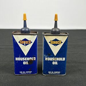 2 Vintage Sunoco Household Oil 4 0z. Tin Can Sun Oil Co Gas Station Empty