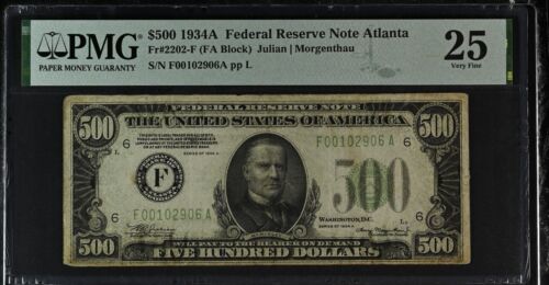 1934 -A $500. FIVE HUNDRED DOLLARS FEDERAL RESERVE NOTE PMG VERY FINE 25