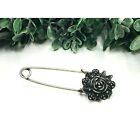 Vintage brooch silver tone safety pin w/rose design