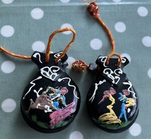 Pair Of Spanish Castanets With Flamenco & Matador Painted Scenes