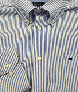 Tommy Hilfiger Long Sleeve Blue White Striped Button Up Cotton Shirt Men XL