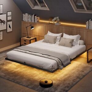 California King/Queen Size Floating Bed Frame with LED Lights Metal Platform Bed