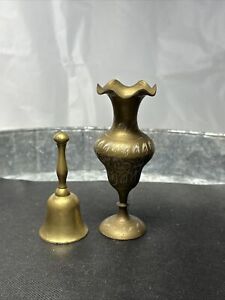 Lot Of 2 Vintage Brass Collectible Items Vase India &Heavy Bell Made For Lairds