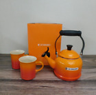 Le Creuset Enamel on Steel 1.25 Qt Demi Tea Kettle and 2 Mug Set, Flame Orange