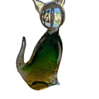 Formia Murano Art Glass Green Yellow Cat Figurine 5.5 Inches
