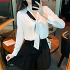 Womens Korean Colorblock V-neck Tie Chiffon Office Workwear Tops Shirts Blouse