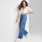 Women's Mid-Rise Cargo Baggy Wide Leg Utility Jeans - Wild Fable Medium Wash 10
