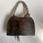 Large Antique Wood Oxen Cow Carved Bell w/ wooden clappers on rope Fabric Handle