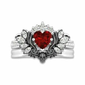 Lab-Created Skull Ring Set With Black Wing and Red Heart Diamond 925 Silver Ring