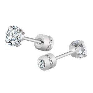 2PCS Silver Stainless Steel Round CZ Earrings Screw Back Ear Stud for Men Women