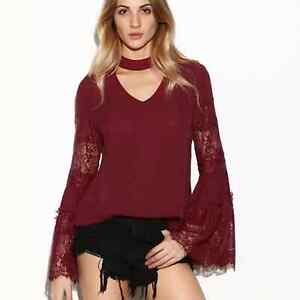 Burgundy Lace Accent Trumpet Lace Sleeve Choker Blouse Womens Large