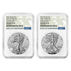 2021 Reverse Proof American Silver Eagle Designer 2pc Set NGC PF70 ER 35th An...