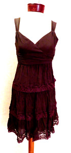 BCBG MAXAZRIA Vintage Y2K Brown Silk Chiffon Tiered Lace Empire Dress Sz 0 Wrap