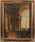 Lrg Antique Neoclassical Architectural Oil Painting, Roman Palace Obelisk Carved