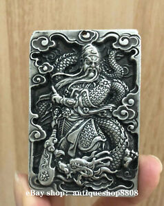Chinese Ancient Miao Silver Guan Gong Yu Warrior God Dragon Sword Pendant Amulet