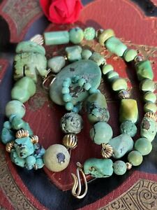 Antique Chinese Gold tone Natural Blue Green turquoise Beads Necklace 22” 106.6g