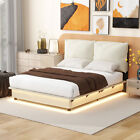Full Size Bed Frame Upholstered Platform Bed Frame with LED Lights White/Black