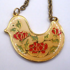 Vintage Thailand Floral Enamel Bird/Partridge Pendant Necklace 20