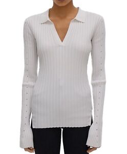 Helmut Lang Women’s Size S White Slash Polo Top Ribbed Pullover Collared Fitted