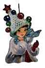PRETTY WOMAN w DECORATED CHRISTMAS TREE HAT  * Glitter CHRISTMAS ORNAMENT  * Vtg