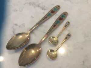 4 Russian Silver Gilt Enamel Spoons 875