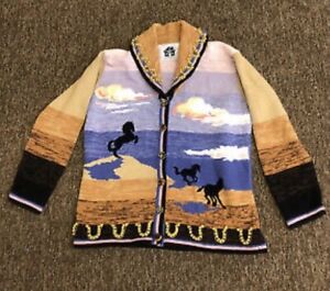 Storybook Knits Sweater RARE Sunset With Horses Cowboy Sweater Psychedelic SZ L