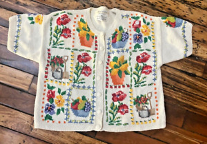 Vtg Marisa Christina Classics Hand Knit Fruit Flowers SS Cardigan Sweater 80s XL
