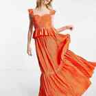 ASOS Orange Corset Bustier Pleated Plisse Ruffle Tiered Maxi Dress Gown 14 NWT