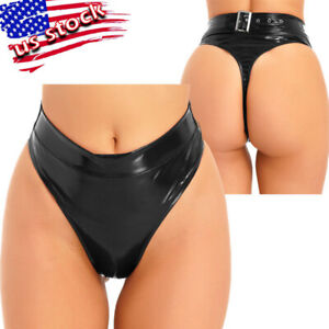 US Woman Leather Booty Shorts Underwear Wet Look High Cut Thong Bottom Hot Pants