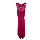 Lane Bryant Raspberry Pink Maxi Dress Size 22-24 Embroidered Belted Curved Hem