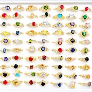 Bulk Lots 50 Gold Plated Color Zircon Wedding Rings Women Fashion Finger Jewelry