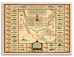 1930s Saltwater Game Fish Map - Vintage North America Fishing Map Art - 20x28