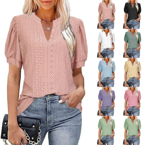 Womens V Neck Short Puff Sleeve Hollow Out T-Shirt Tops Ladies Summer Blouse Tee