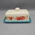 The Pioneer Woman Butter Dish Vintage Floral Ruffle Linen Teal Double 2 Stick