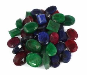 Natural Emerald, Ruby & Sapphire Mix Faceted Gemstones Lot Mix Cut 100 Ct/ 7 Pcs